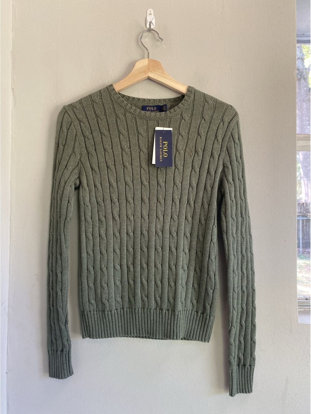 Brand New Polo Ralph Lauren Olive Green Cable-Knit Cotton Crewneck Sweater S NWT